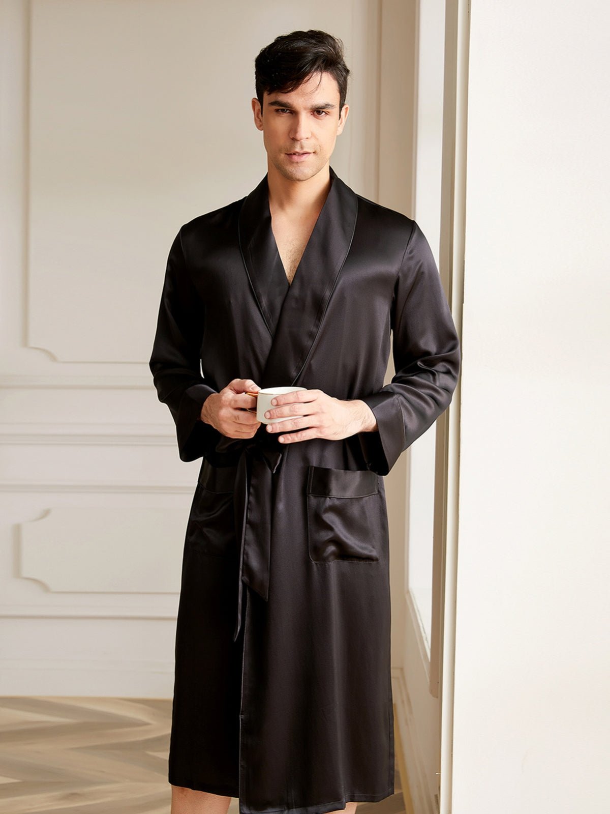 black silk dressing gown Black V-Neck Satin Gown With Detailed Seamlines and Godet