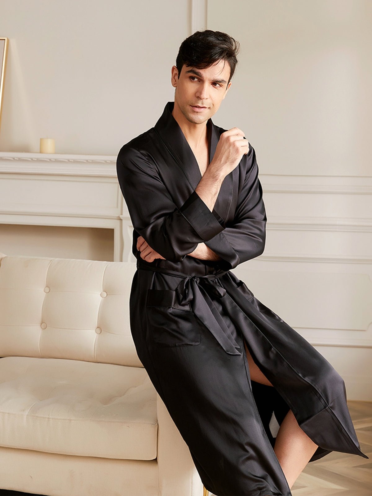 black silk dressing gown mens Men's Dressing Gown Smoking Jacket Robe Black Paisley Cotton Lined Extra Long Warm