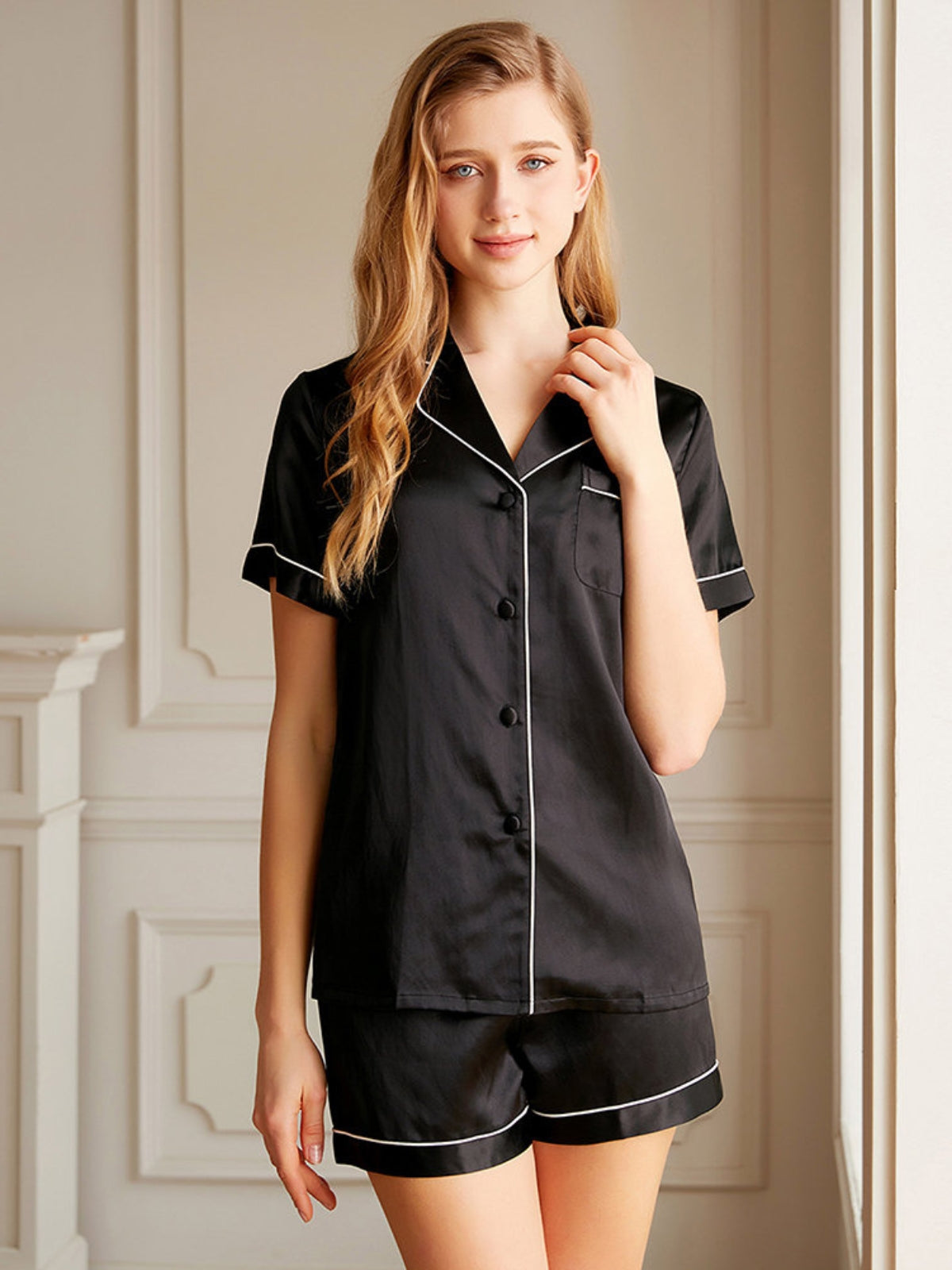 Black Short Silk Pajamas Set