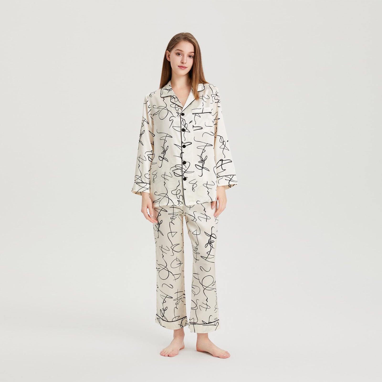Women Artistic Graffiti Printed Silk Pajamas Set