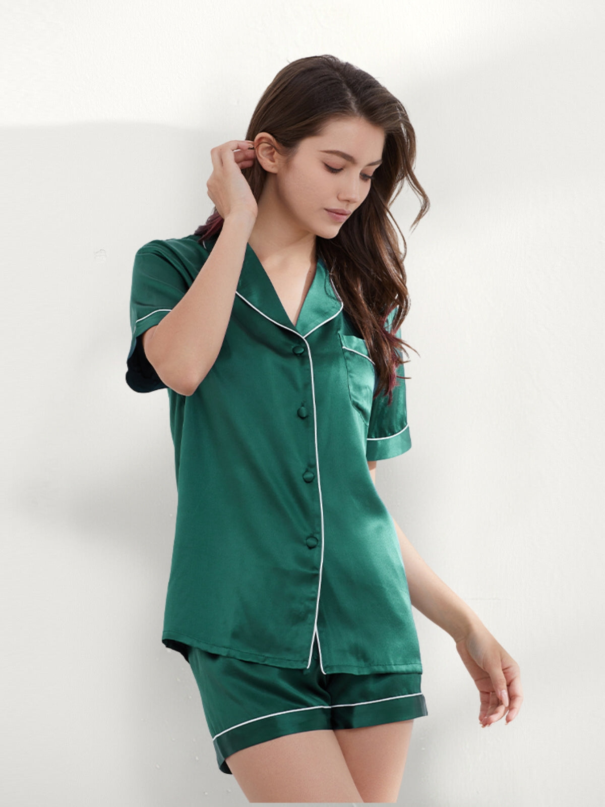 Green Short Silk Pajamas Set