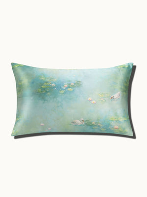 Monet Inspired Silk Pillowcase Water Lilies Green Serene