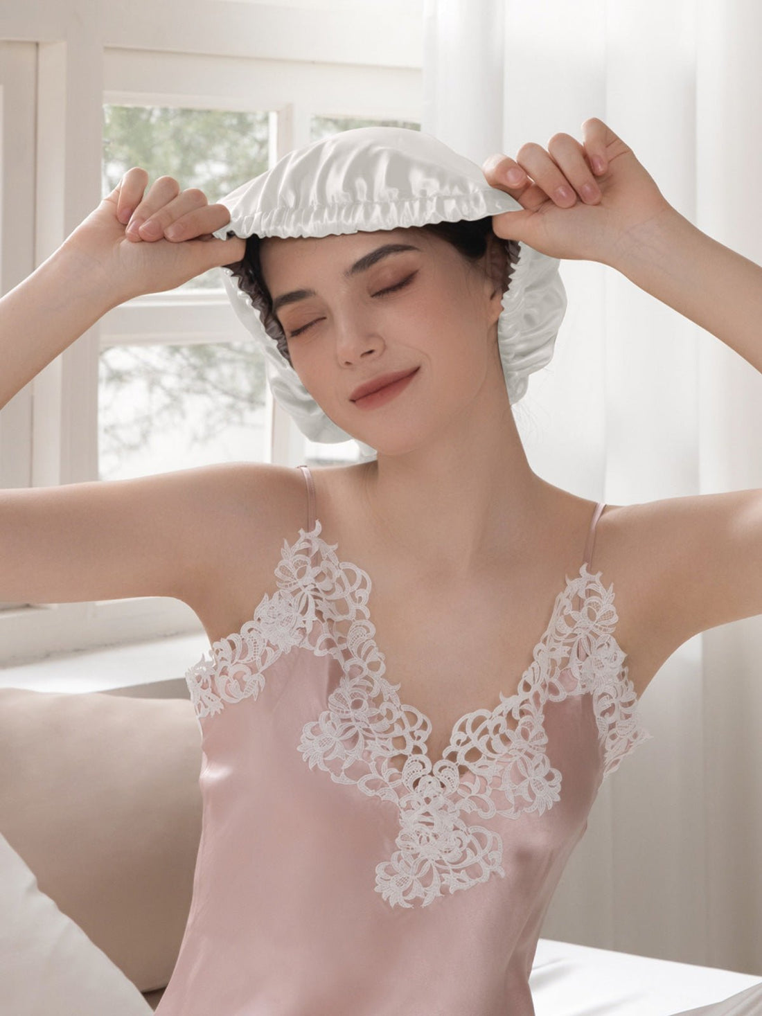 Pearl White Double Layers Silk Bonnet - THXSILK50370817522