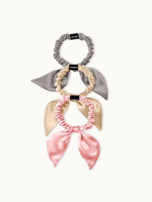 Skinny Silk Bow Hair Scrunchies Set (3 Pack )