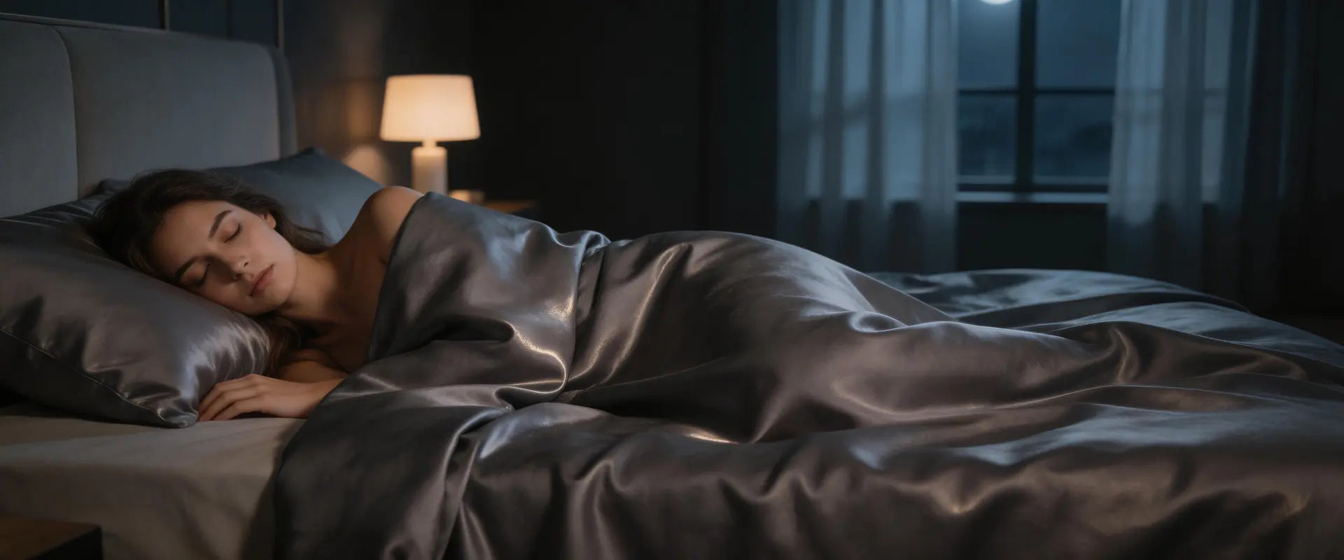 Side view of a woman sleeping on a THXSILK 22 Momme silver grey mulberry silk pillowcase for hair and skin care, highlighting the soft pearly luster and smooth texture