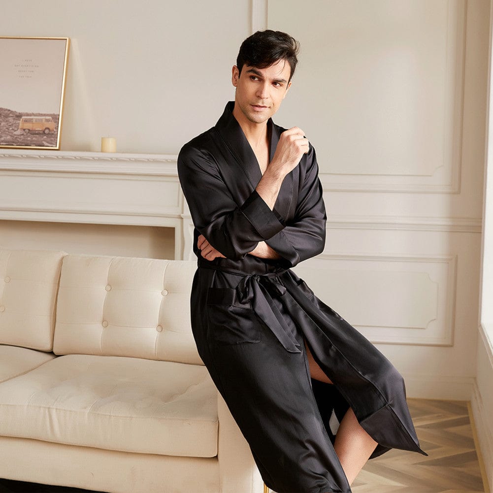 Black Ruffled Robe Male Black Silk Robe Men